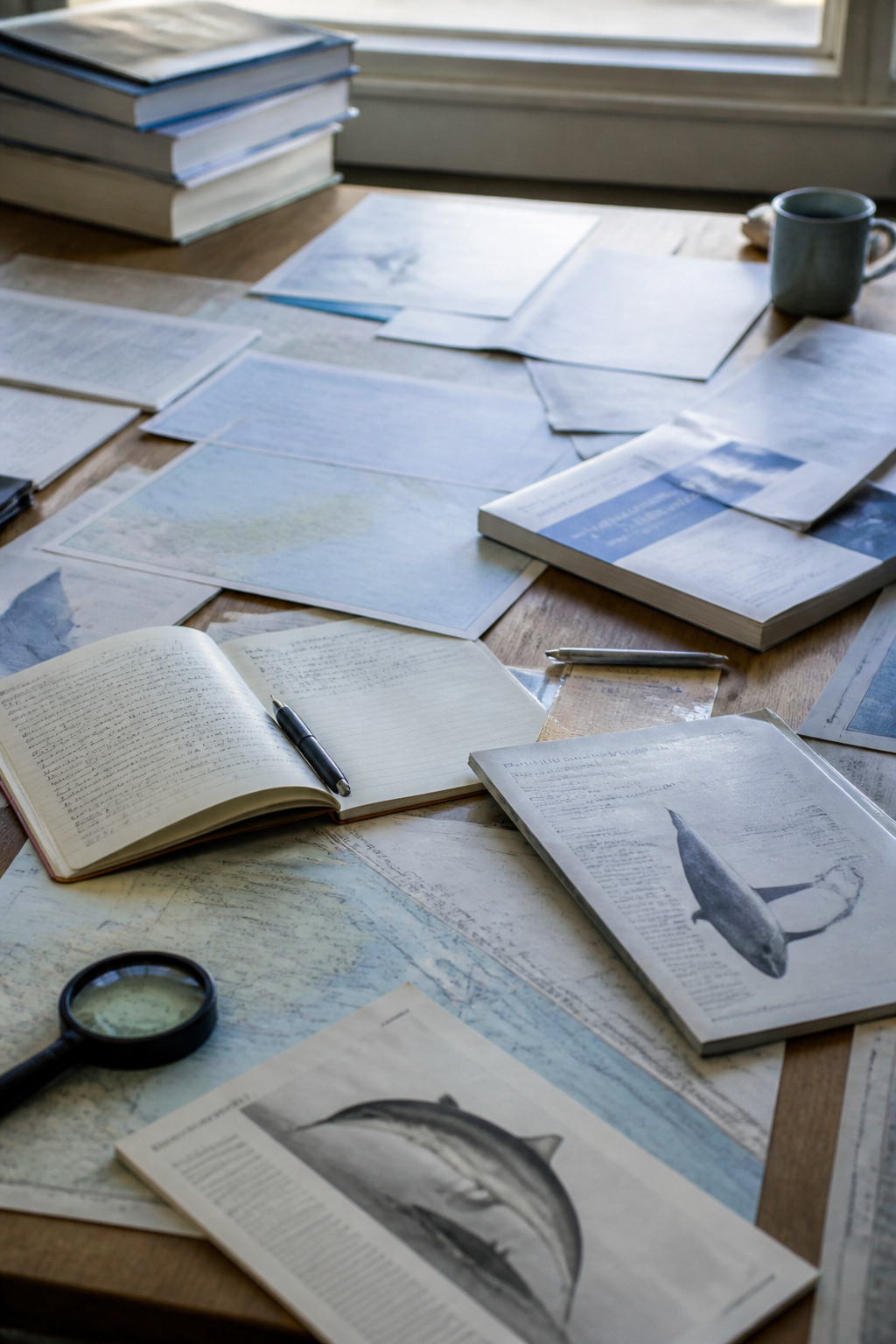 Table de travail couverte de rapports scientifiques, de cartes marines et de carnets d'observation consacrés aux cétacés