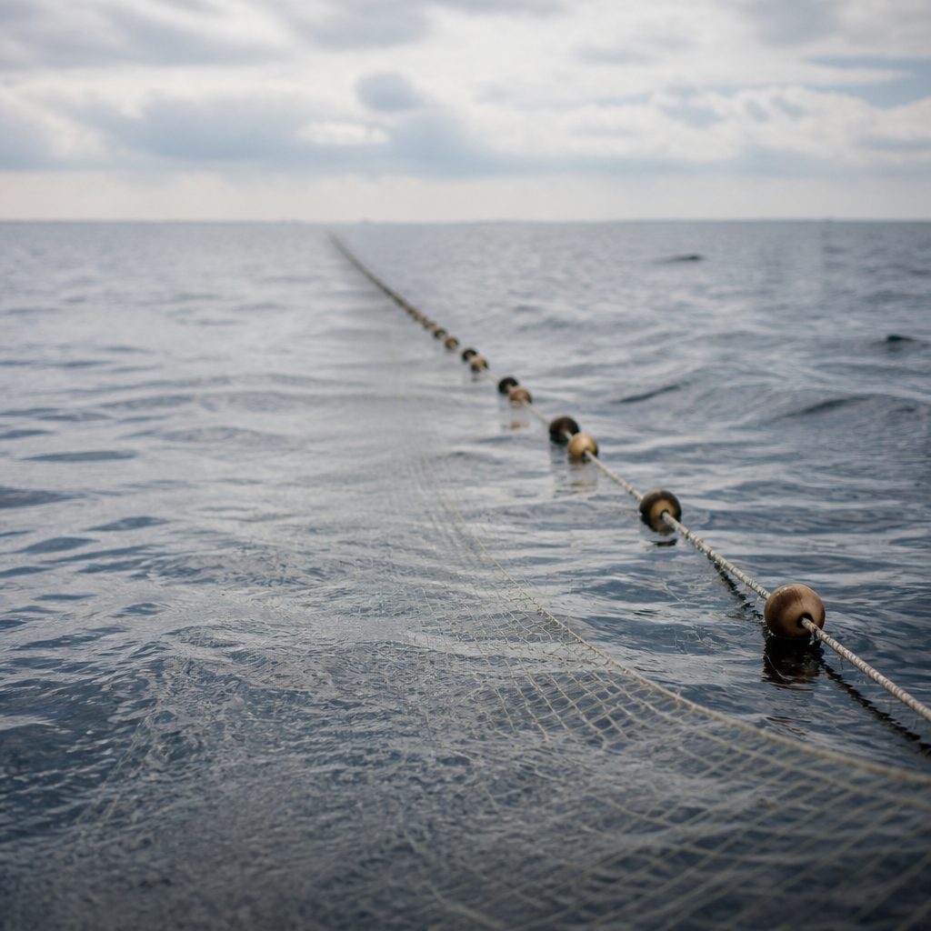 Nappe de filet maillant dérivant tendue à la surface de la mer, flotteurs alignés en ligne droite jusqu'à l'horizon