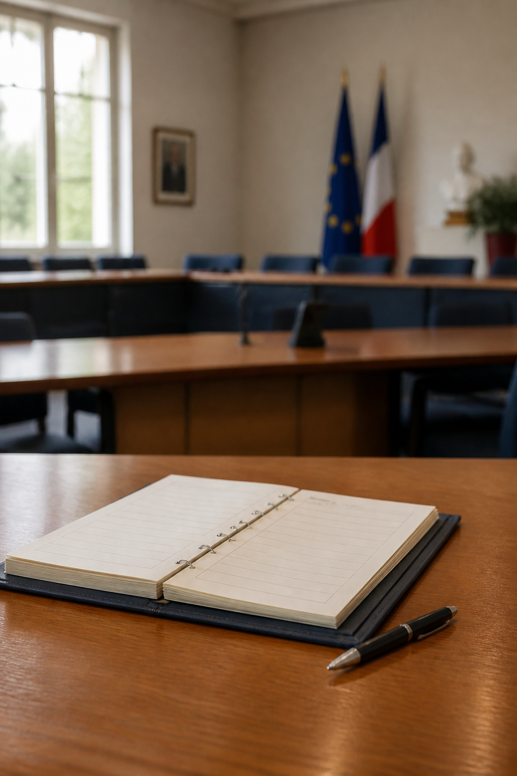 Registre de consultation publique ouvert sur une table, stylo posé à côté, dans une salle de mairie